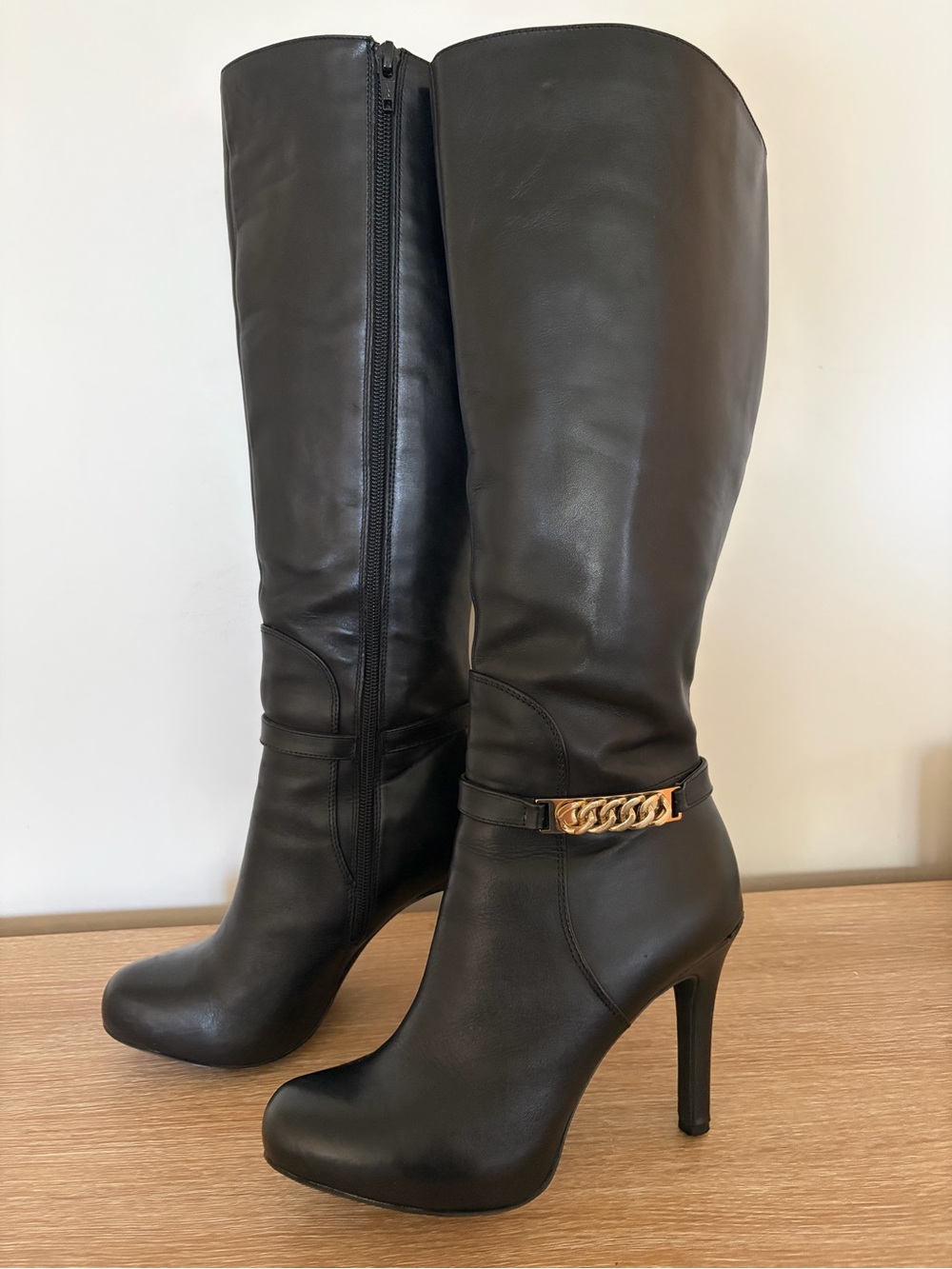 Alfani Black Knee-High Heeled Boots with Gold Chain Accent